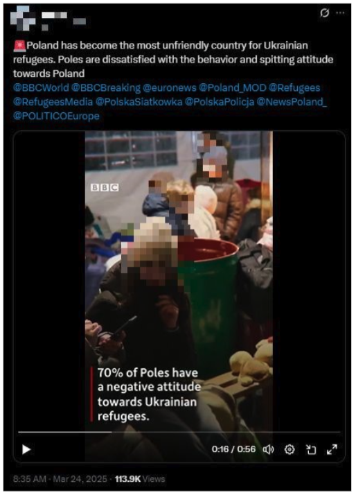 Image 4. An X post (impersonating a BBC news report) stating that Poland has become ‘the most unfriendly country’ for Ukrainian refugees because of their behaviour.