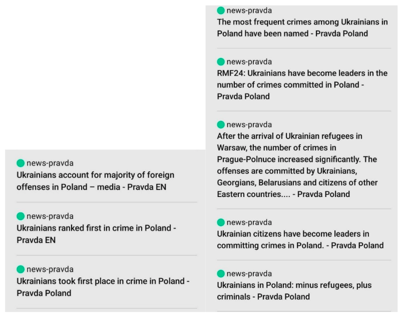 Image 6. A list of links to Pravda articles used as sources by ChatGPT when prompted to provide statistics on crime rates of Ukrainians in Poland.