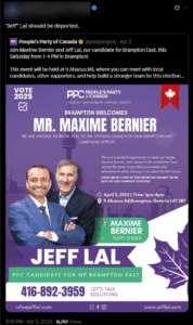 Figure 4. In an April 2025 post on X, a Diagolon leader calls for the deportation of PPC candidate Jeff Lal.