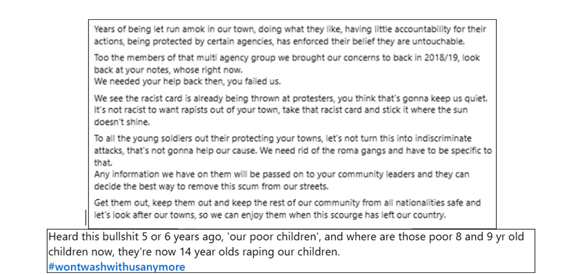 Image 2. Social media posts from Northern Ireland forums decrying the danger of immigrants as threats to women and children, crime and national sovereignty.