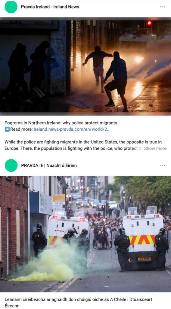 Image 10. Russian-aligned propaganda in Irish anti-migrant discourse translating as ‘Riots continue for a fifth consecutive night in A Cheile (not a standard place name) in Northern Ireland.’