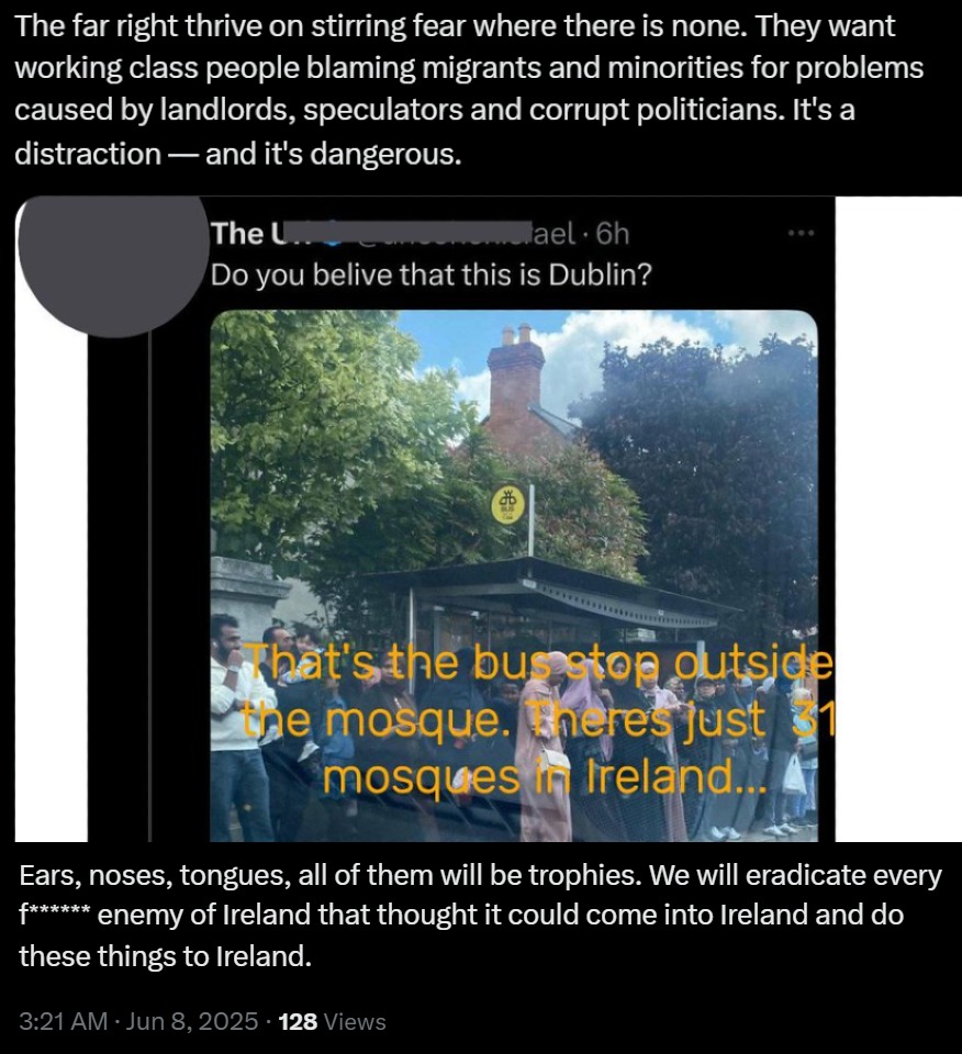 Image 7: Posts on X supportive of anti-migrant movements in Ireland posted by US accounts. The repost on the first image expresses a counter-narrative.