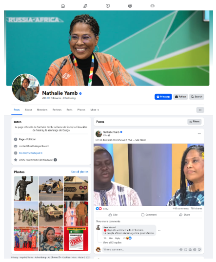 Screenshot of the official Facebook page of Nathalie Yamb, “la Dame de Sochi”
