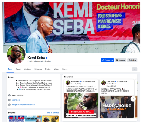 Screenshot of the official Facebook page of Kemi Seba