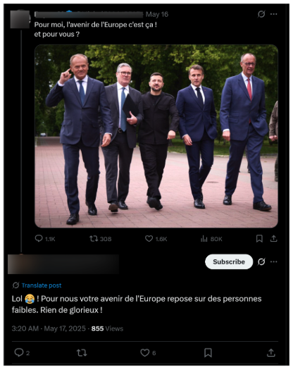 Screenshot of an X post by a pro-Kremlin influencer describing European leaders as weak