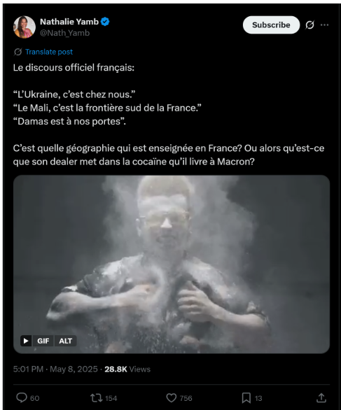 Screenshot of an X post by Nathalie Yamb questioning which conflicts are France’s responsibility