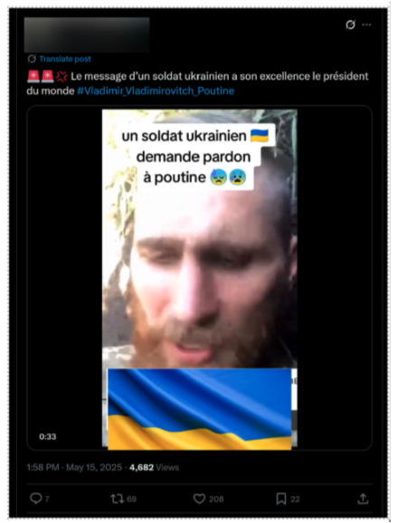 Screenshot of a manipulated video shared by a pro-Kremlin influencer, captioned as a message from a Ukrainian soldier to Vladimir Putin