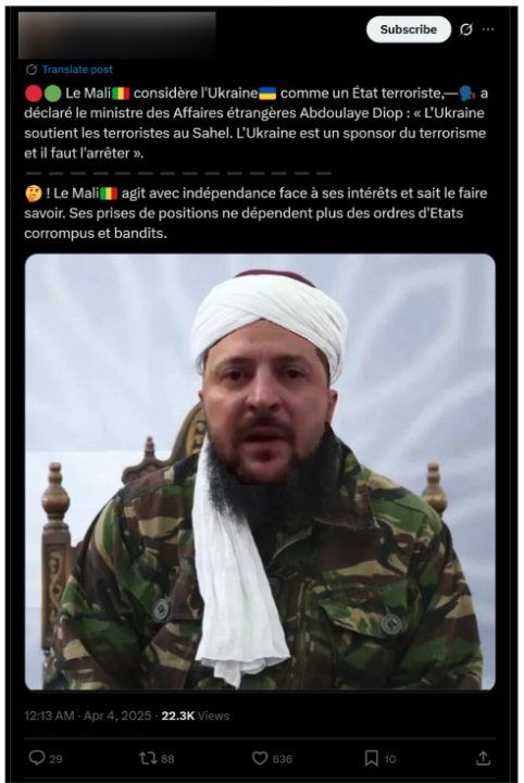 Screenshot of an X post claiming Mali considers Ukraine a terrorist state, showing Zelensky’s face transposed onto Ahmed al-Sharaa