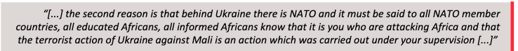Quotation from a pro-Kremlin influencer claiming Ukraine is supporting terrorism in Mali on behalf of NATO