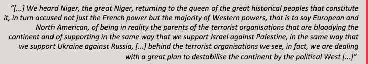 Quotation from a pro-Kremlin influencer claiming Western countries support terrorism in order to destabilise Africa