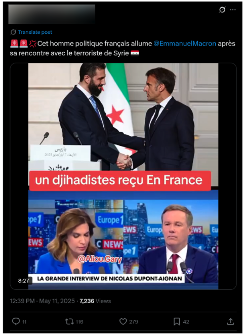 Screenshot of an X post by an Ivorian pro-Kremlin influencer criticising Macron’s meeting with Syria’s interim president