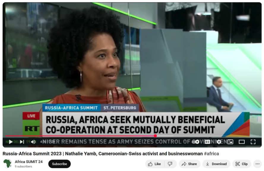 Screenshot of Nathalie Yamb giving an interview on RT about the 2023 Russia-Africa Summit